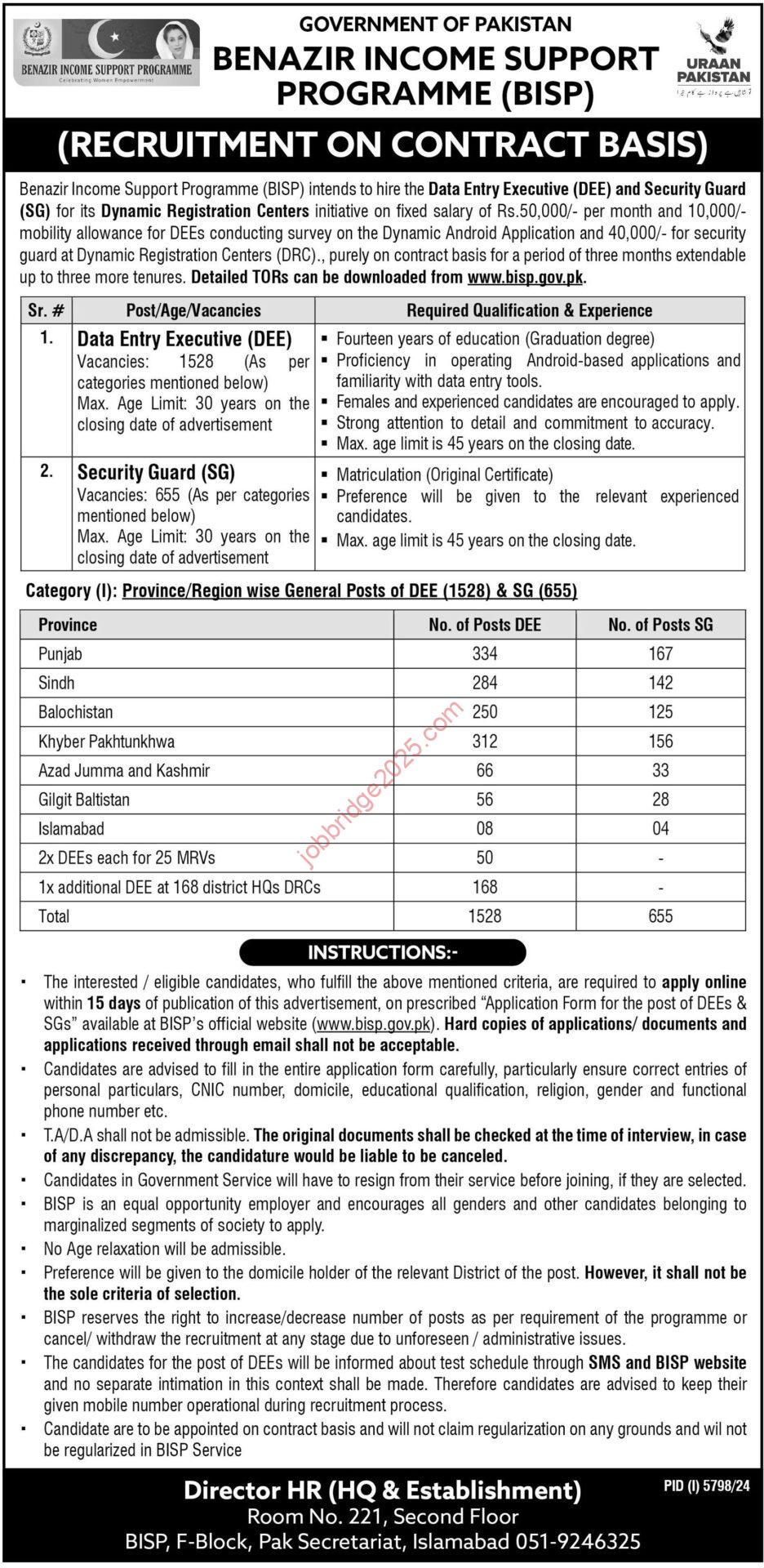 Benazir Income Support Programme BISP Jobs 2025 for Data Entry Executive , Security Guard & Others 2183 Post Open Latest