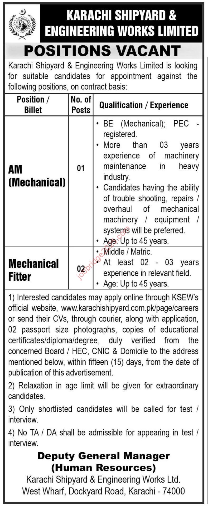 Karachi Shipyard & Engineering Works Limited KSEW Jobs 2025 for AM Mechanical & Mechanical Fitter & Others Latest