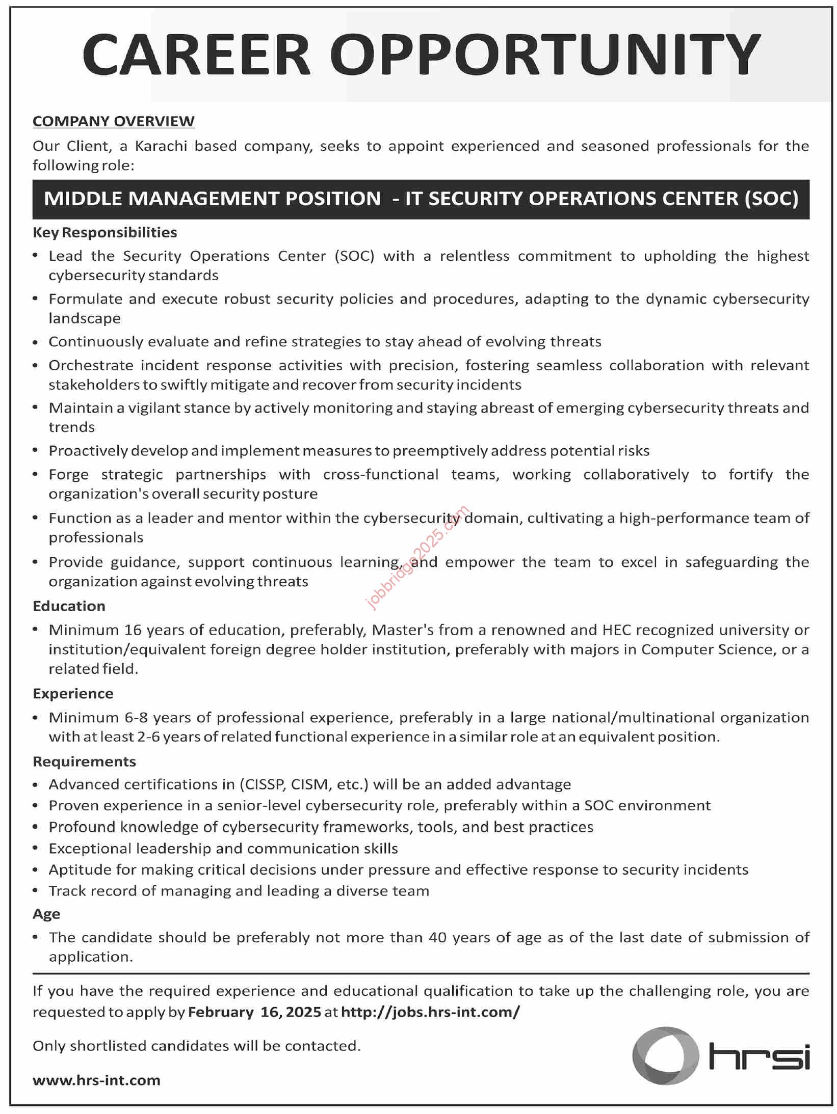 Middle Management Positions Jobs 2025 through HRSI