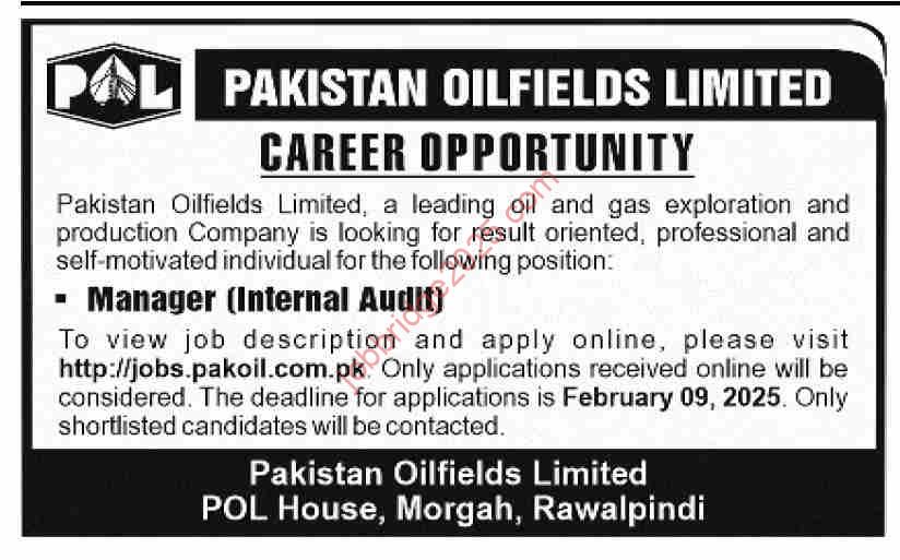 Pakistan Oilfield POL Jobs 2025 for Manager Internal Audit