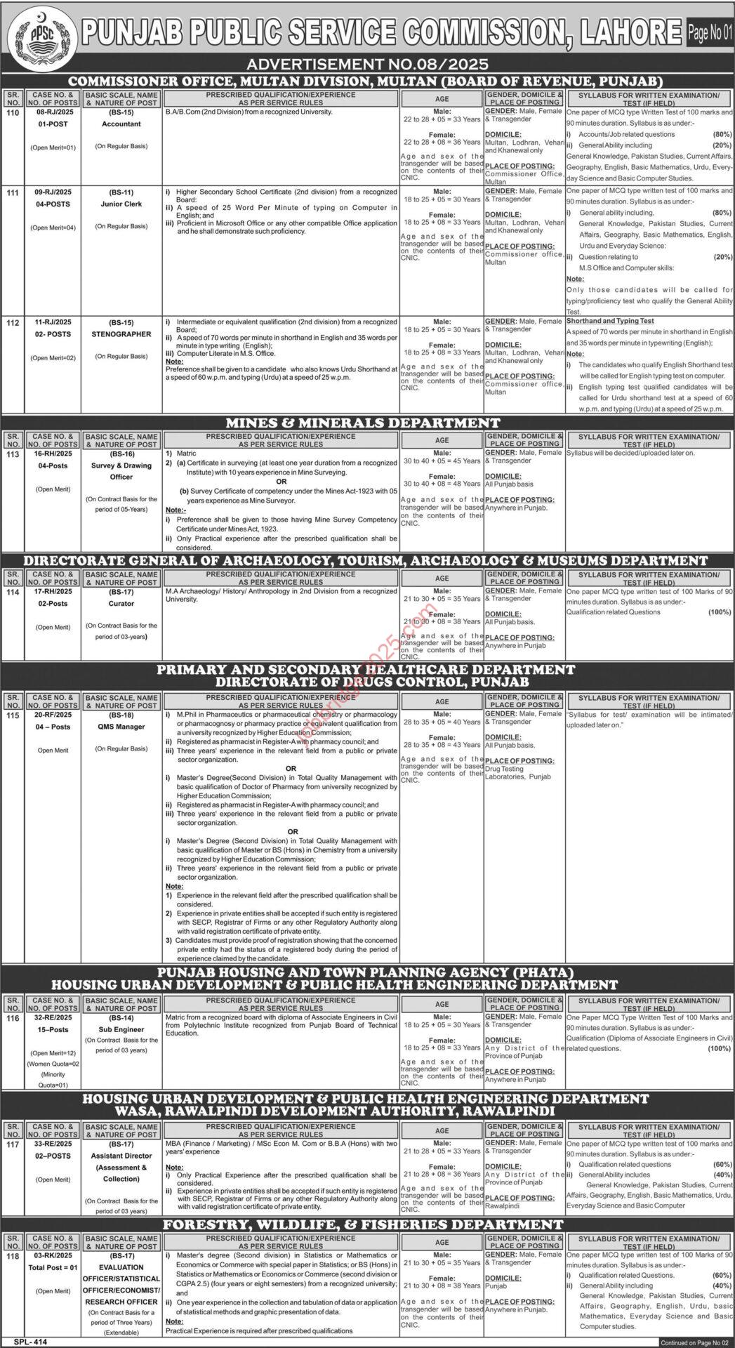 Board of Revenue Commissioner Office Multan Jobs 2025 for Accountant, Junior Clerk, Stenographer & Others Latest
