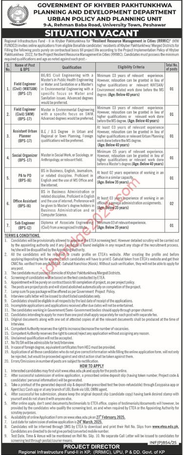 Field Engineer, Assistant Urban Planner, Social Oranizer, PA to PD, Office Assistant in Planning & Development Department KPK Jobs