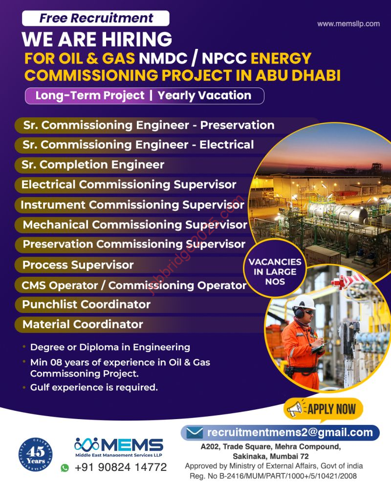 Free Recruitment Dubai UAE Job – Hiring for Oil & Gas NMDC / NPCC Energy Commissioning Project in Abu Dhabi
