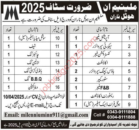 Millennium Inn Hotel Naran Jobs 2025 For Operational Manager, Accountant, Social Media Officer, Front Desk Officer & Others Latest