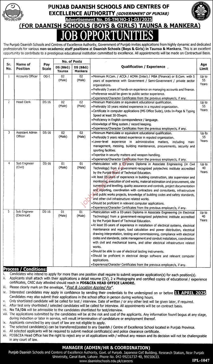 Punjab Daanish Schools Jobs 2025 for Accounts Officer, Head Clerk, Assistant Admin Officer, Sub Engineers & Others Latest