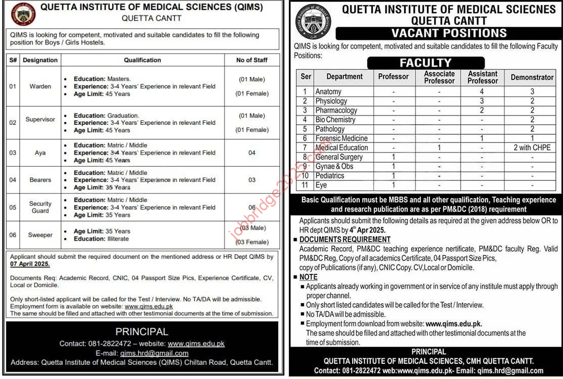 Quetta Institute of Medical Sciences QIMS Quetta Jobs 2025 for Teaching & Non - Teaching Staff Required