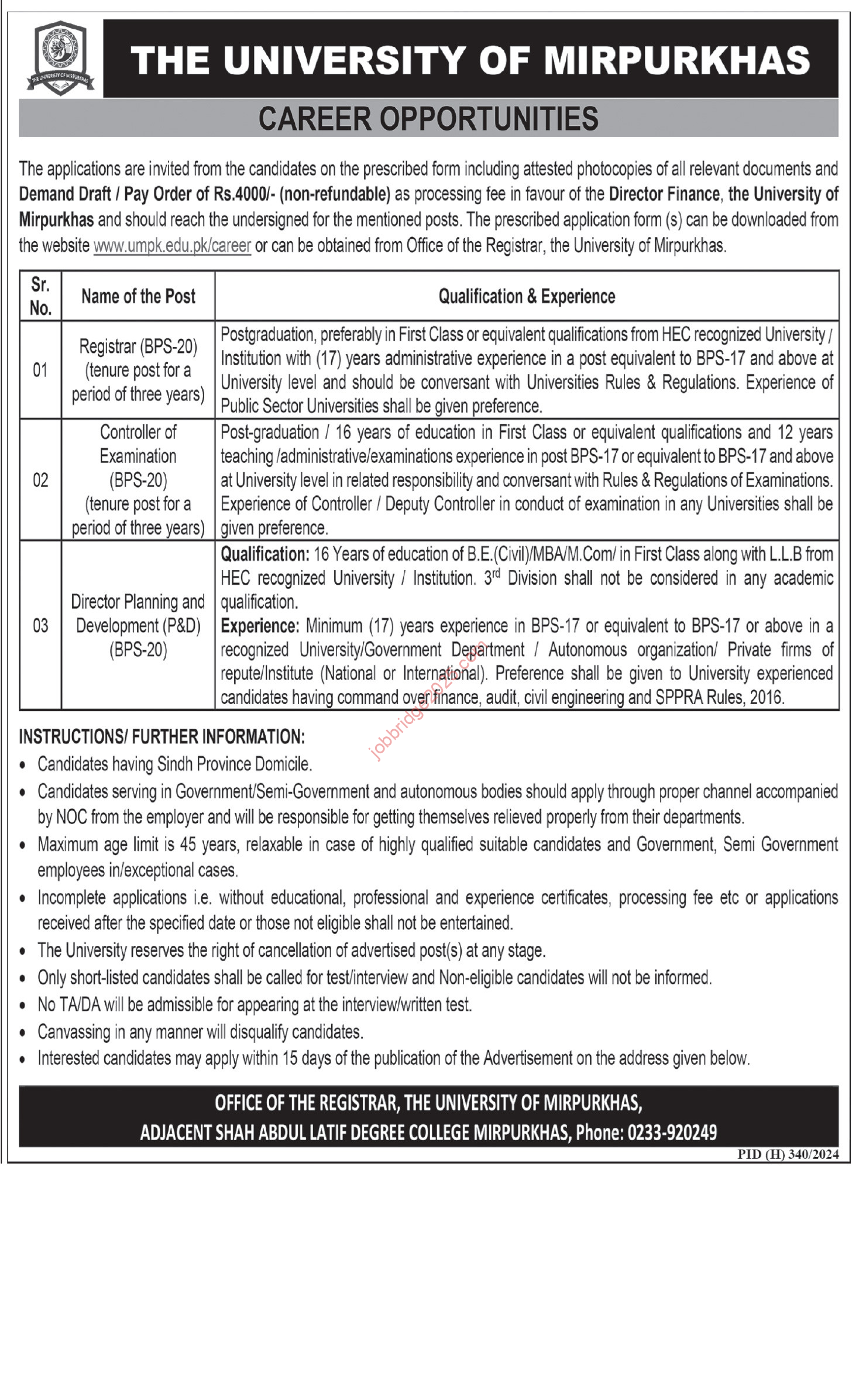 The University of Mirpurkhas Jobs March 2025 for Registrar, Controller of Examination & Others Latest