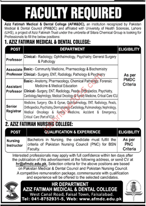Aziz Fatima Medical & Dental College Faisalabad Jobs 2025