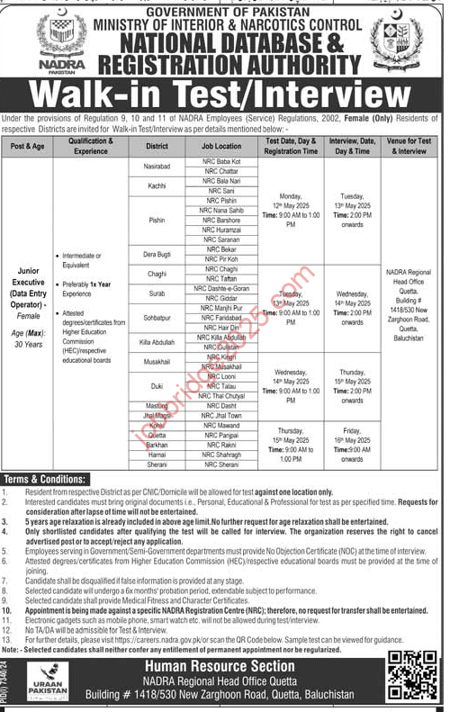 Balochistan NADRA Recruitment Jobs 2025 Latest