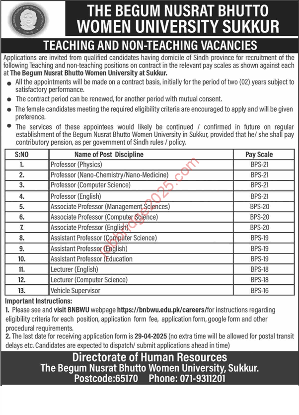 Begum Nusrat Bhutto Women University Sukkur Jobs 2025 April Apply Online Teaching Faculty & Others Latest