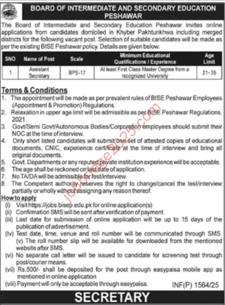 Board of Intermediate and Secondary Education Peshawar Jobs 2025
