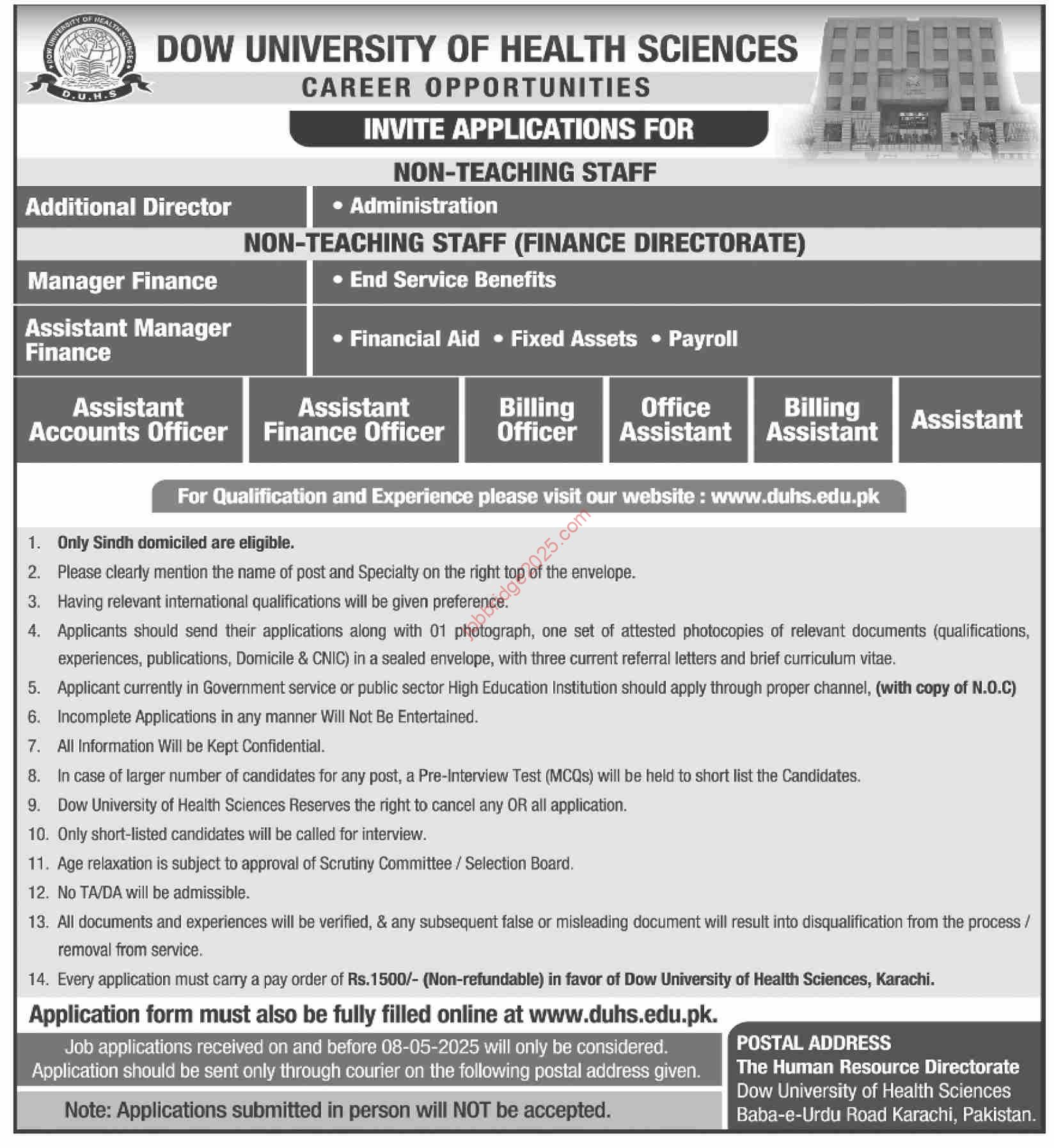 Dow University of Health Sciences Jobs 2025 for Non -Teaching Staff