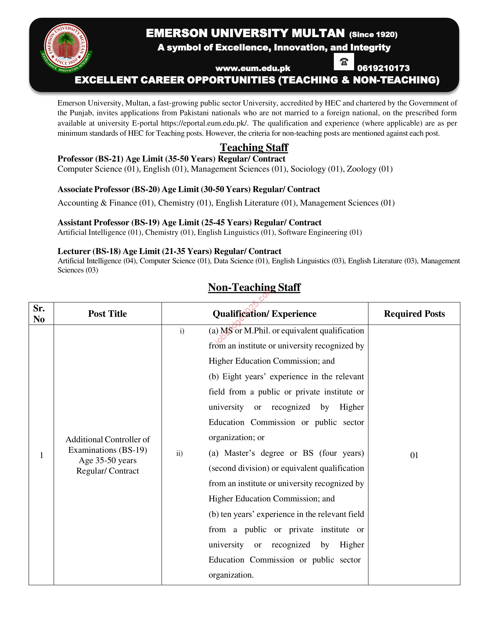 Advertisement for Excellent Career Opportunities Teaching and Non-Teaching Jobs 2025