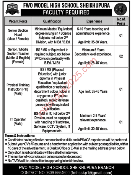 FWO Model High School Sheikhupura Jobs 2025