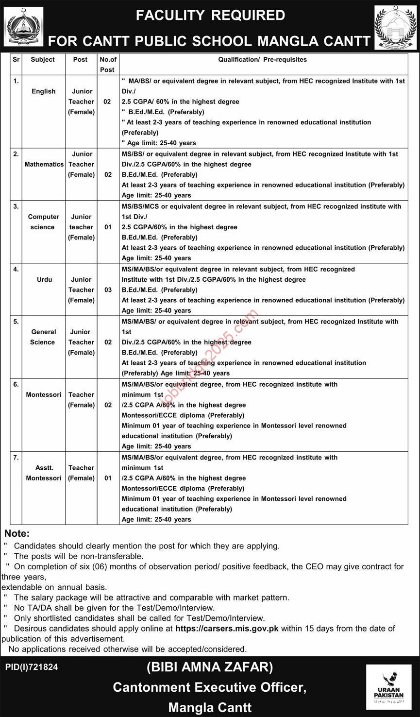 Faculity Required for Cantt Public School Mangla Cantt Jobs 2025