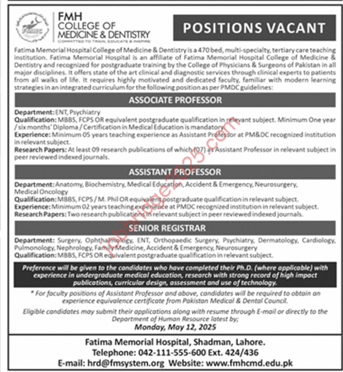 Fatima Memorial Hospital College Medicine & Dentistry Lahore Jobs 2025