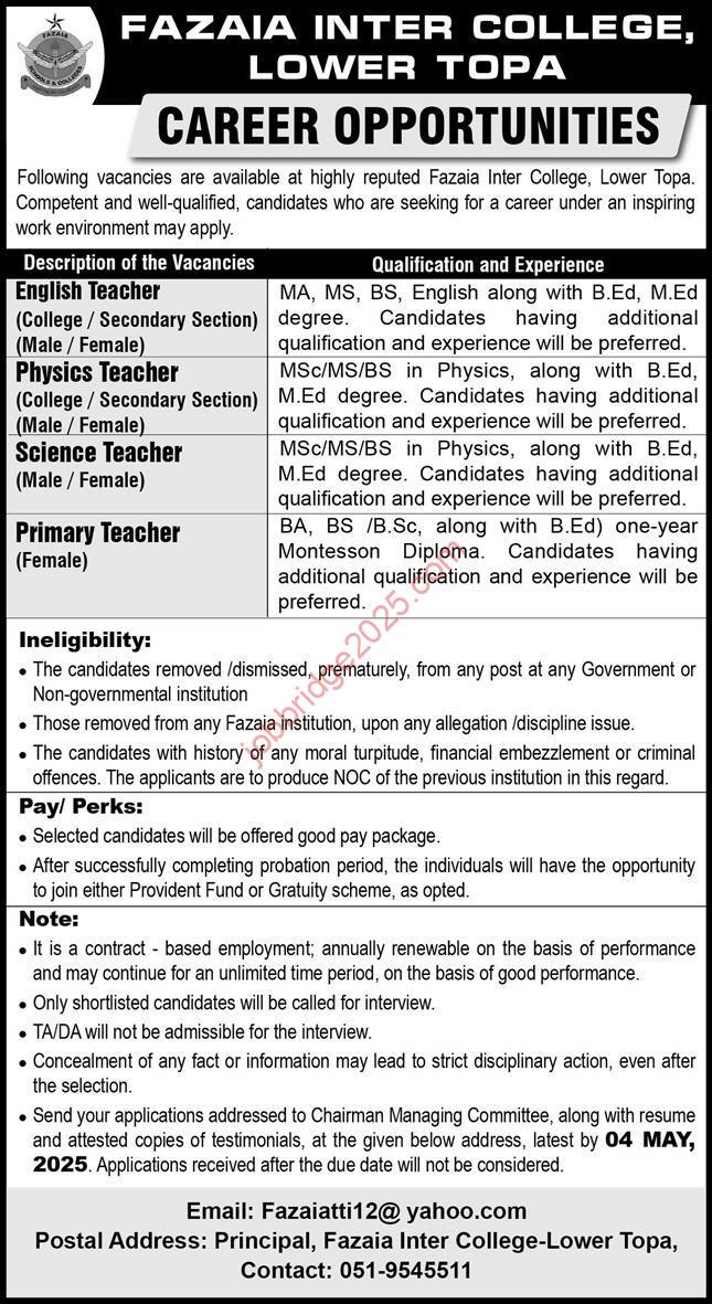 Fazaia Inter College Lower Topa Jobs 2025
