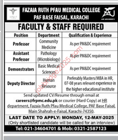 Fazaia Ruth PFAU Medical College Karachi New Jobs 2025