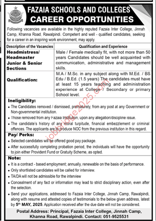 Fazaia School and College Rawalpindi New Jobs 2025