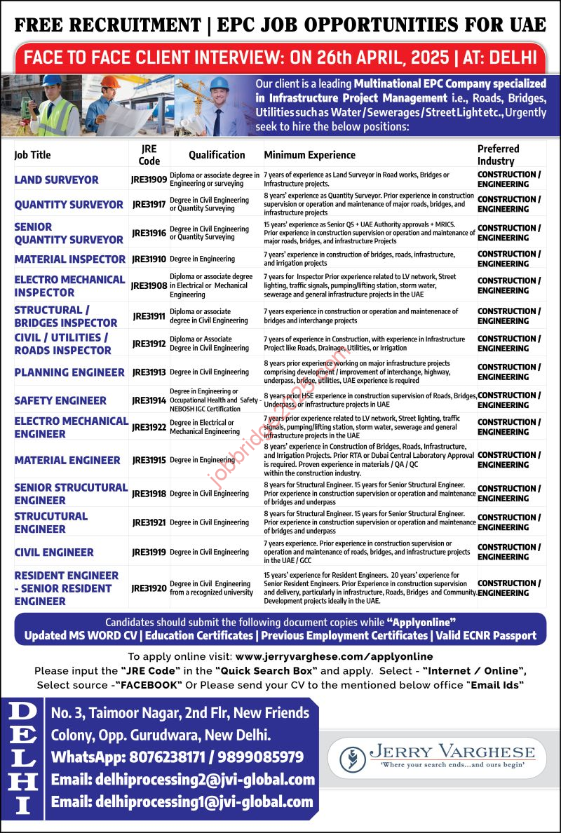 Free Recruitment EPC Jobs Opportunities for UAE Dubai Jobs