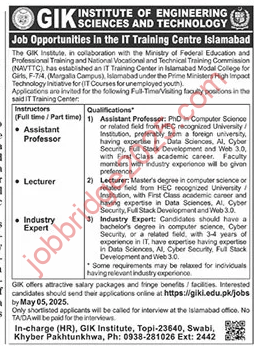 GIK Institute of Engineering Sciences and Technology Jobs 2025