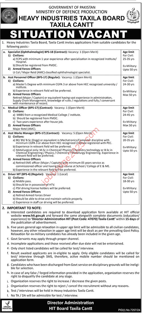 Heavy Industries Taxila Board Taxila New Jobs 2025