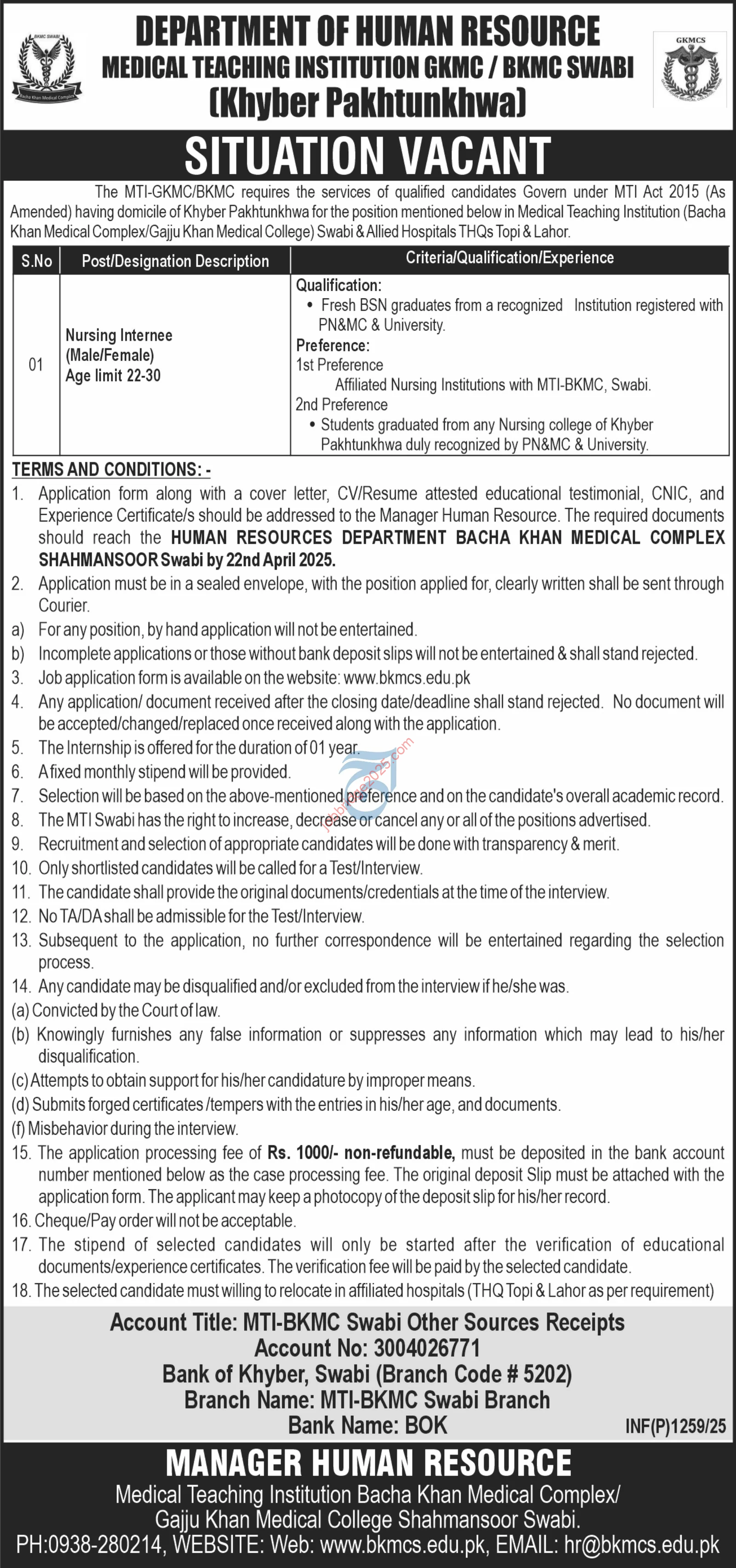 Medical Teaching Institution (Bacha Khan Medical Complex/Gaju Khan Medical College) MTI-GKMC/BKMC Jobs 2025 Latest