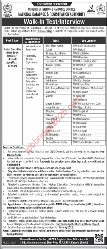 Nadra Karachi Sindh Recruitment 2025 Apply Online