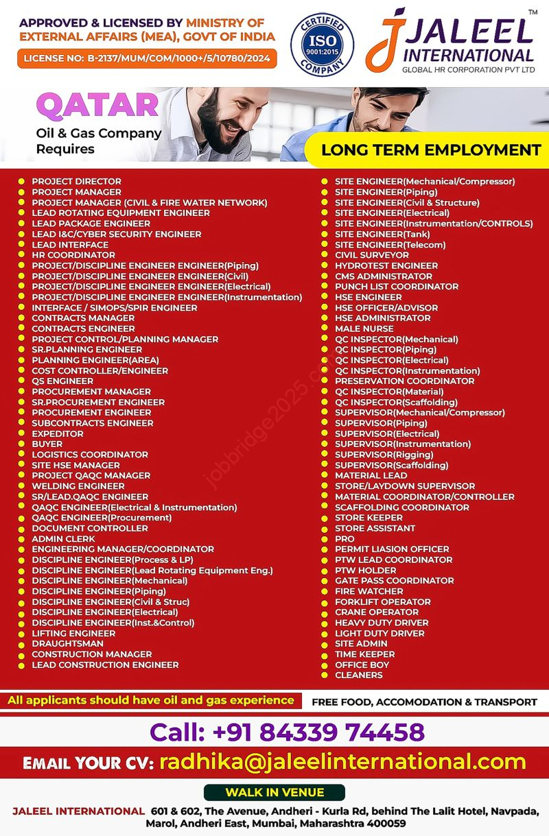 New Job Opportunities in Qatar – Oil & Gas Sector | Long-Term Employment | Multiple Positions