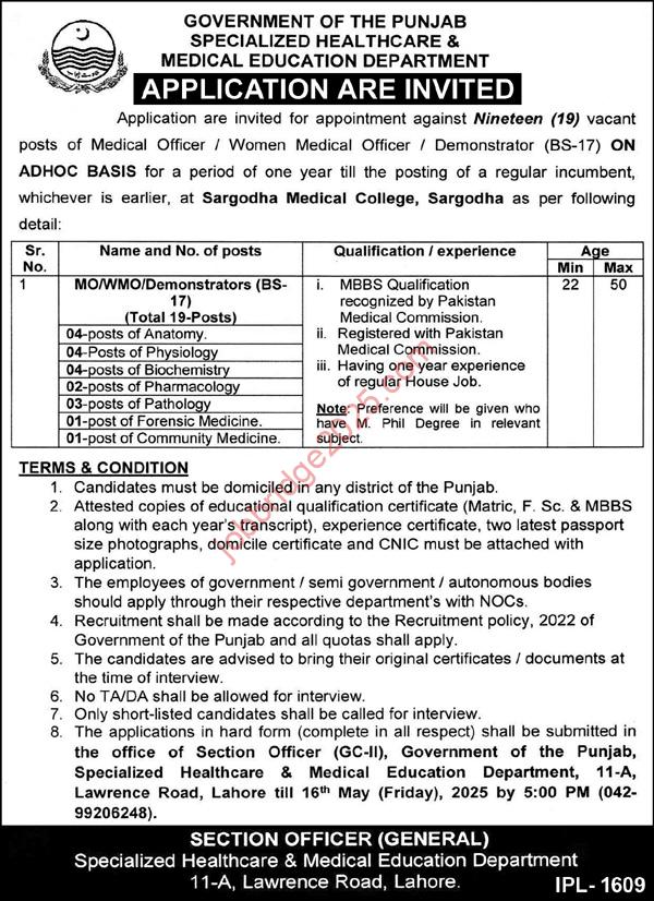 Sargodha Medical College, Sargodha Jobs 2025 for Medical Officer and Women Medical Officer