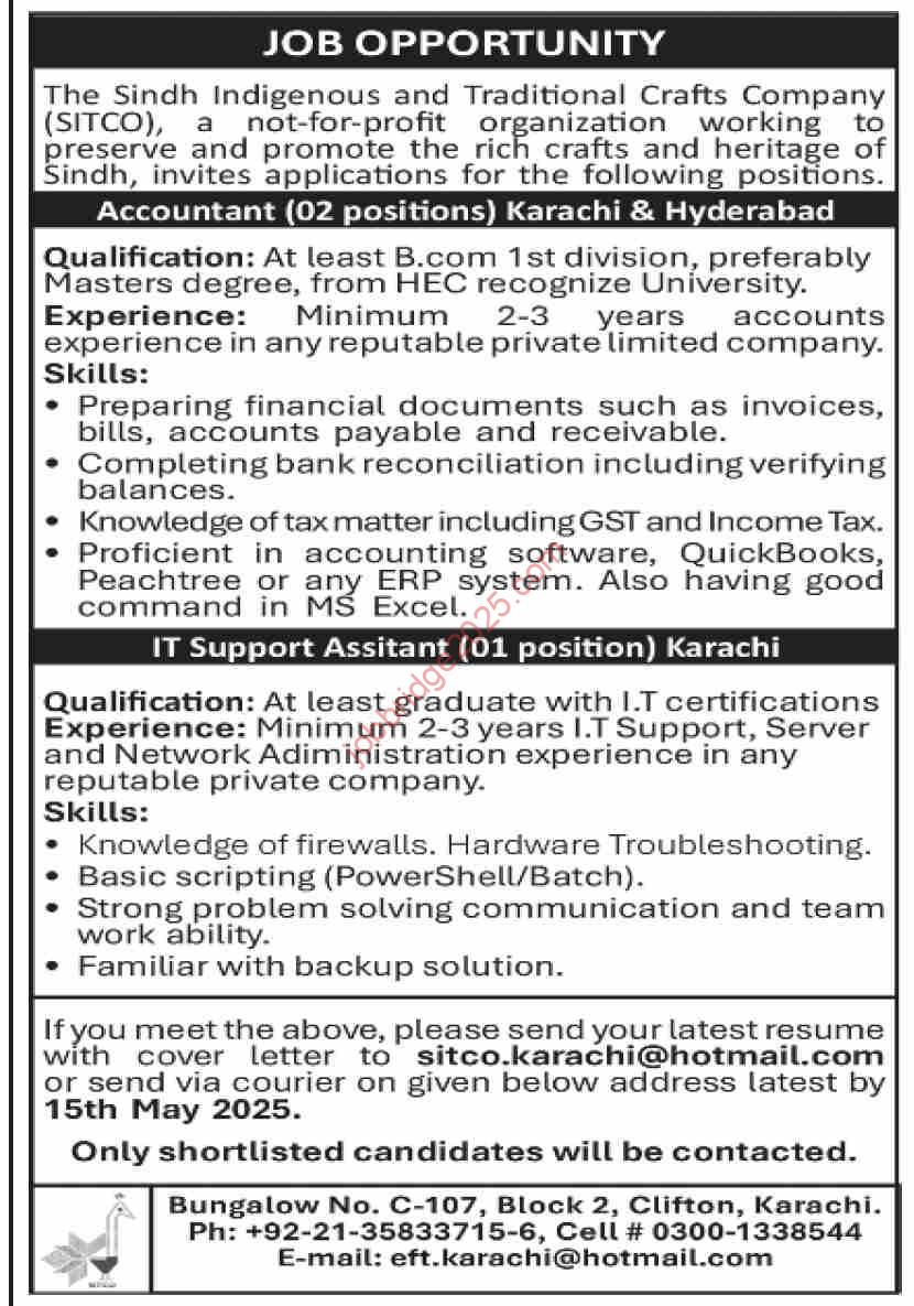 Sindh Indigenous and Traditional Crafts Company SITCO Jobs 2025 Apply Online