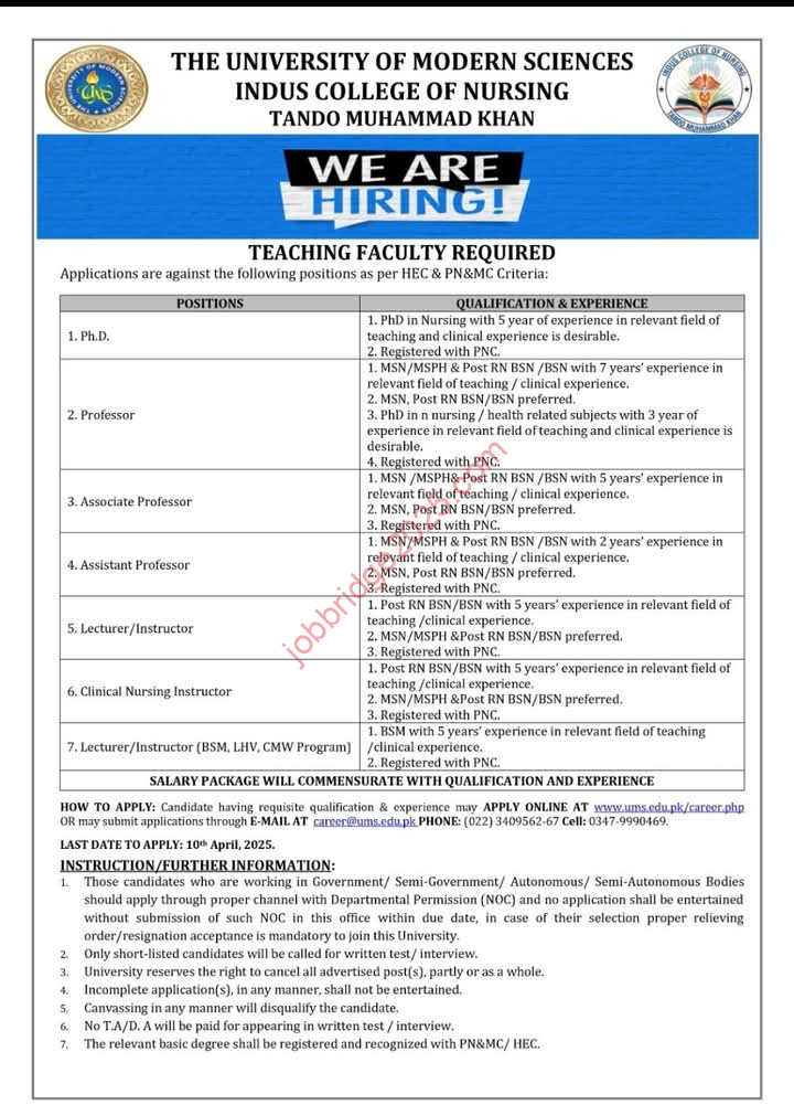 The University of Modern Sciences Indus College of Nursing Tando Muhammad Khan Sindh Jobs 2025 Latest
