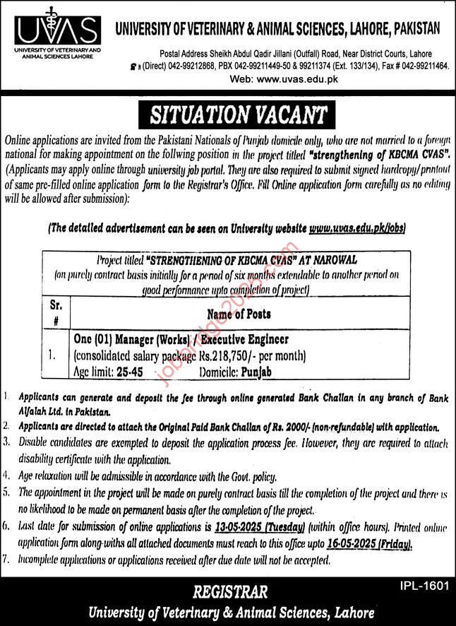 University of Veterinary and Animal Sciences Lahore Jobs 2025