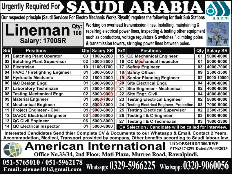 Urgent Required for Saudi Arabia Lineman Jobs 2025