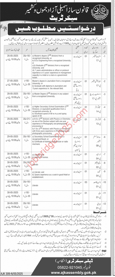 AJK Assembly Secretariat Muzaffarabad Jobs 2025 Latest