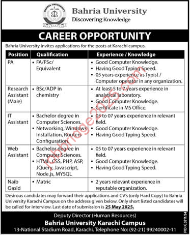 Bahria University Karachi New Jobs 2025 Latest