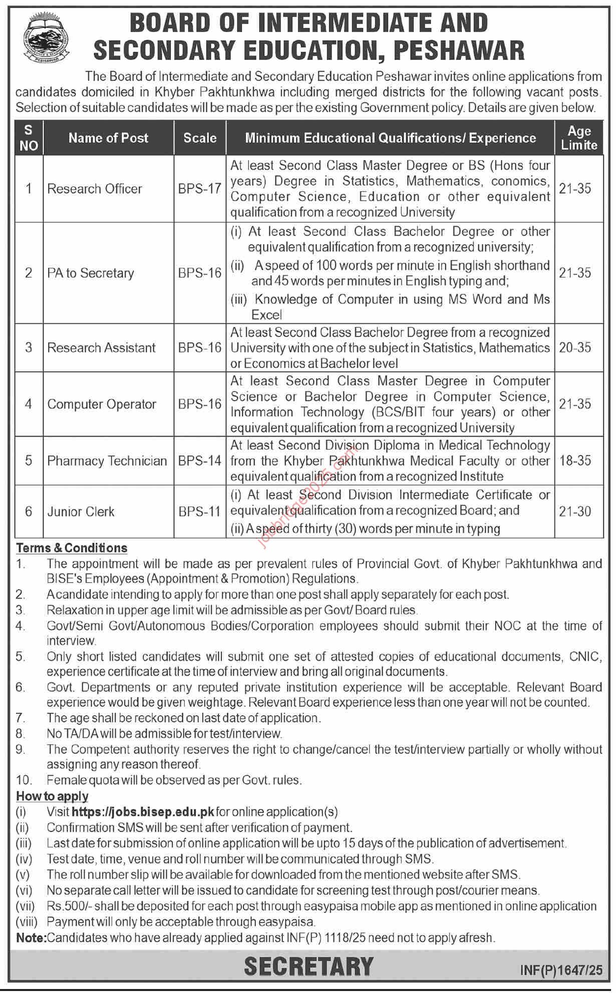Board of Intermediate and Secondary Education BISE Peshawar Jobs 2025