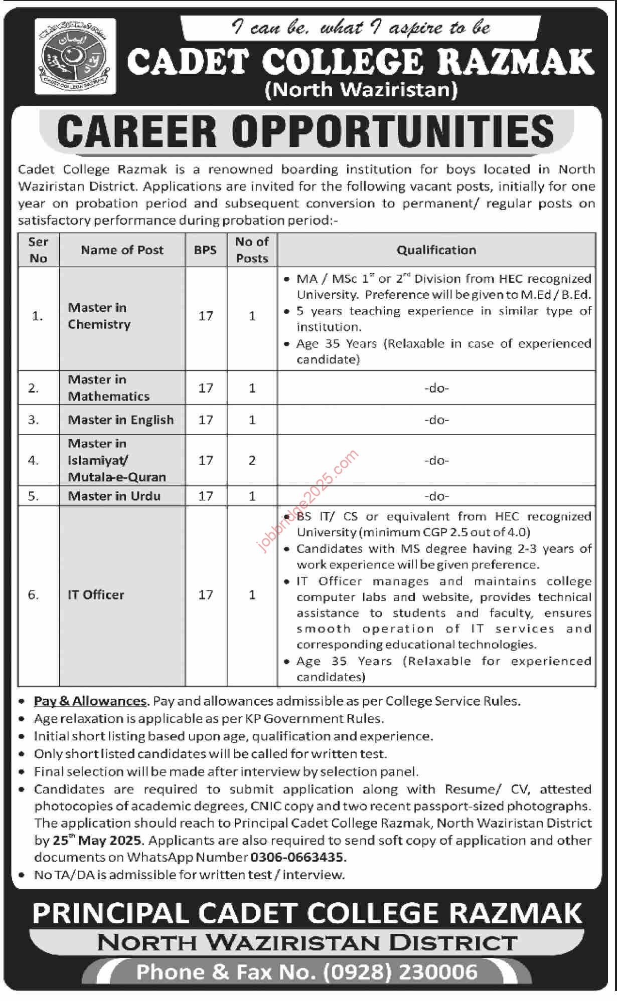 Cadet College Razmak Jobs 2025 at North Waziristan