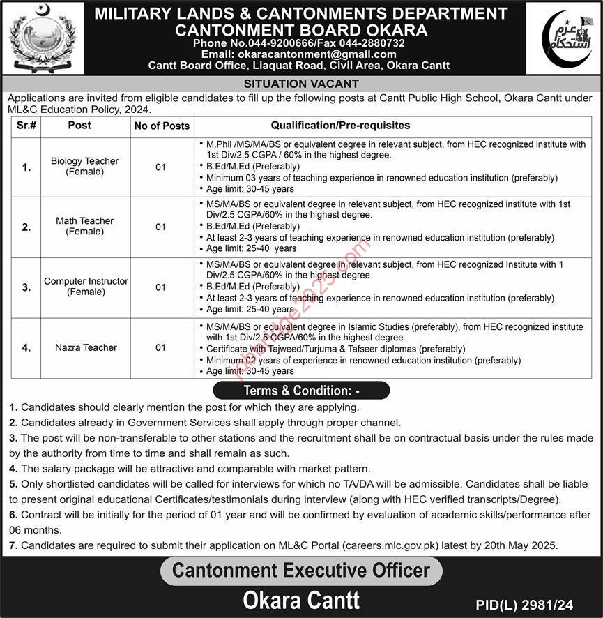 Cantt Public High School Okara Jobs 2025