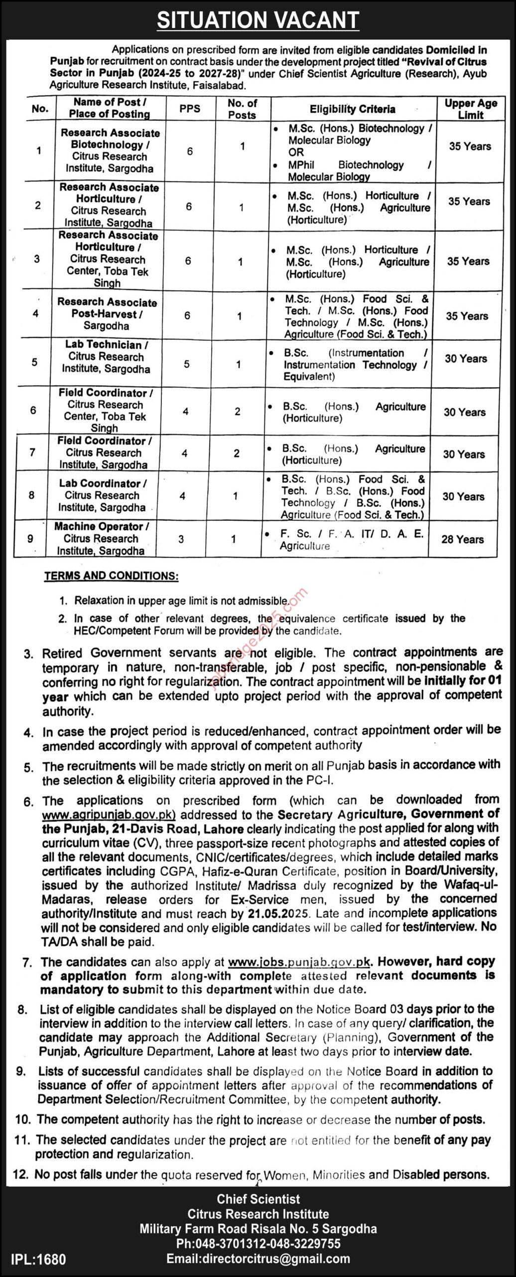 Citrus Research Institute Sargodha Jobs 2025