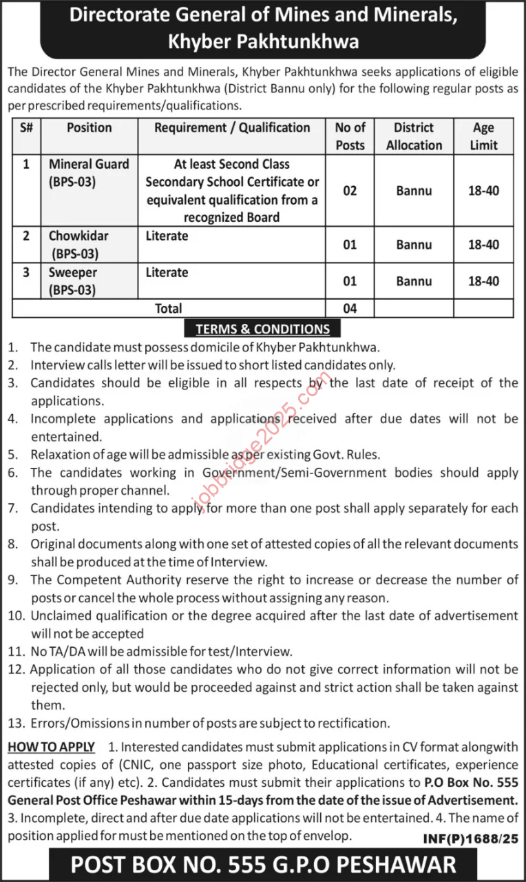Directorate General Of Mines and Minerals Khyber Pakhtunkhwa Jobs 2025