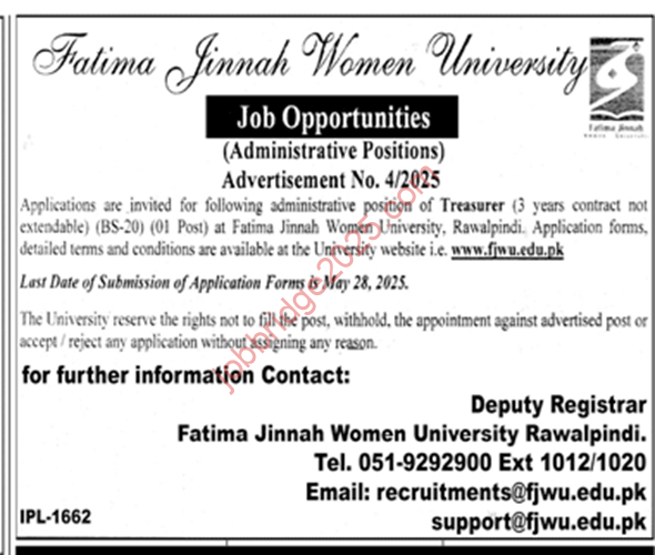 Fatima Jinnah Women University FJWU Jobs 2025
