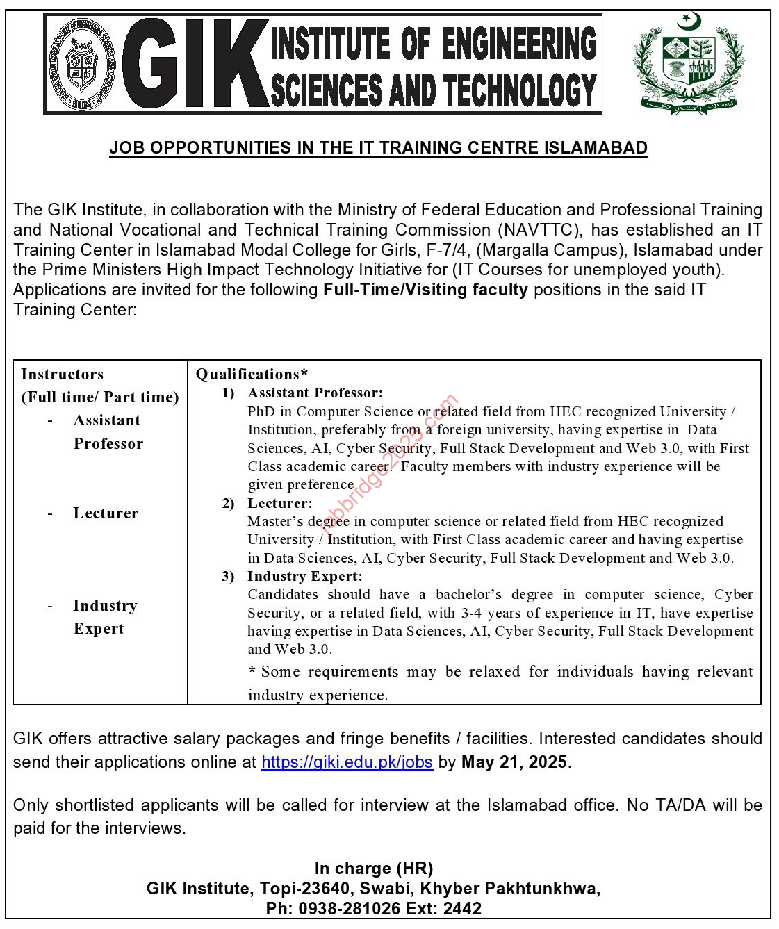 GIK Institute of Engineering Sciences and Technology Jobs 2025 Latest