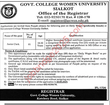 Government College Women University Sialkot Jobs 2025