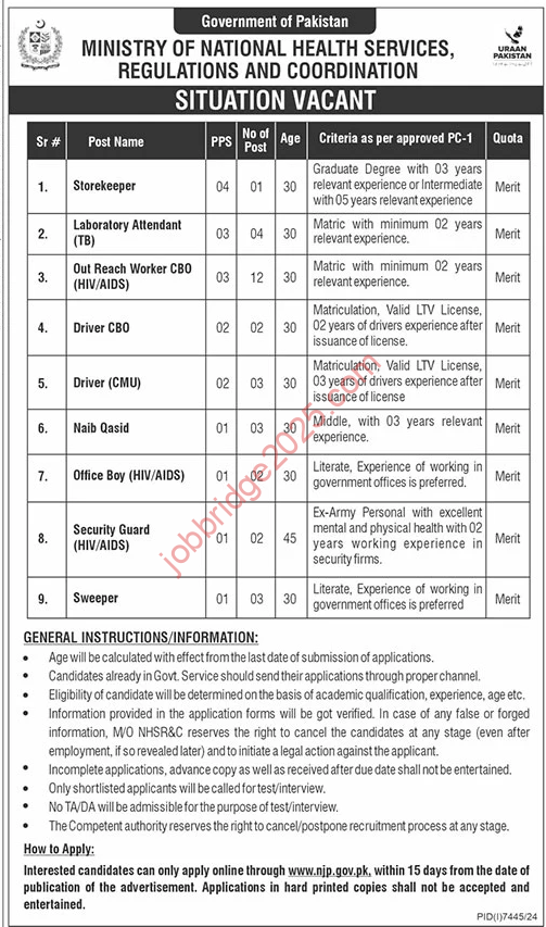 Ministry of National Health Services, Regulations and Coordination Jobs 2025