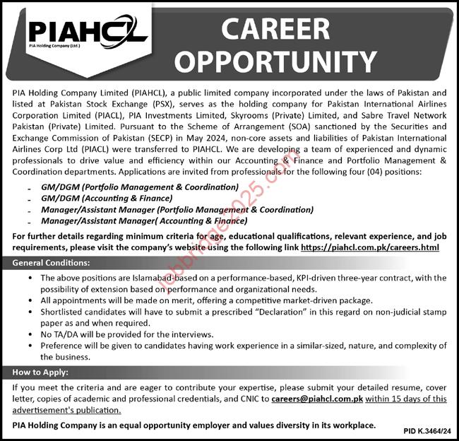 PIA Holding Company Limited PIAHCL Jobs 2025