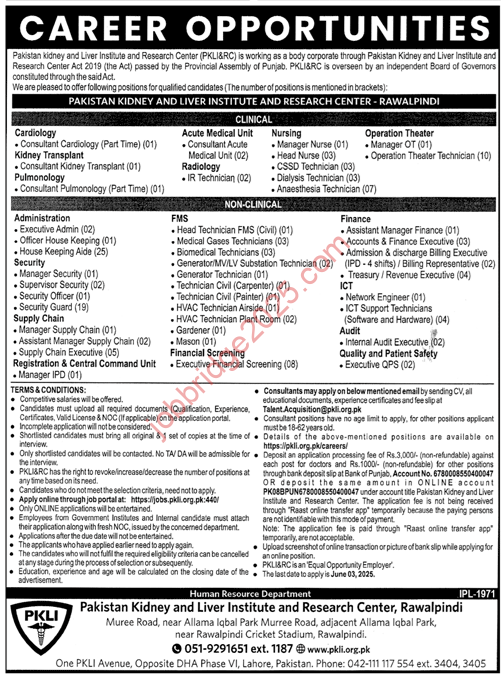 Pakistan Kidney and Liver Institute PKLI Jobs 2025