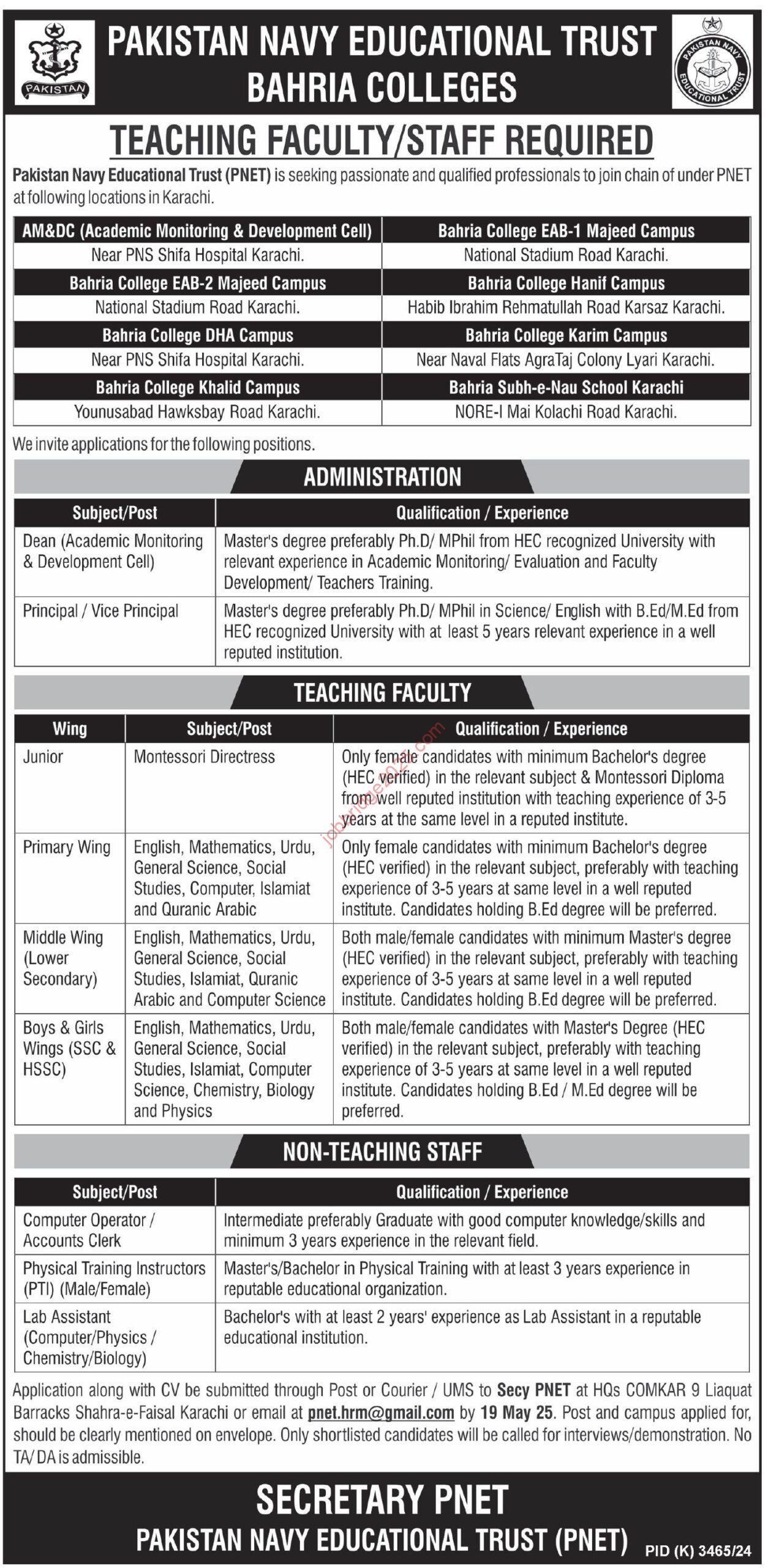 Pakistan Navy Educational Trust Bahria Colleges Karachi Jobs 2025 Latest PNET Job
