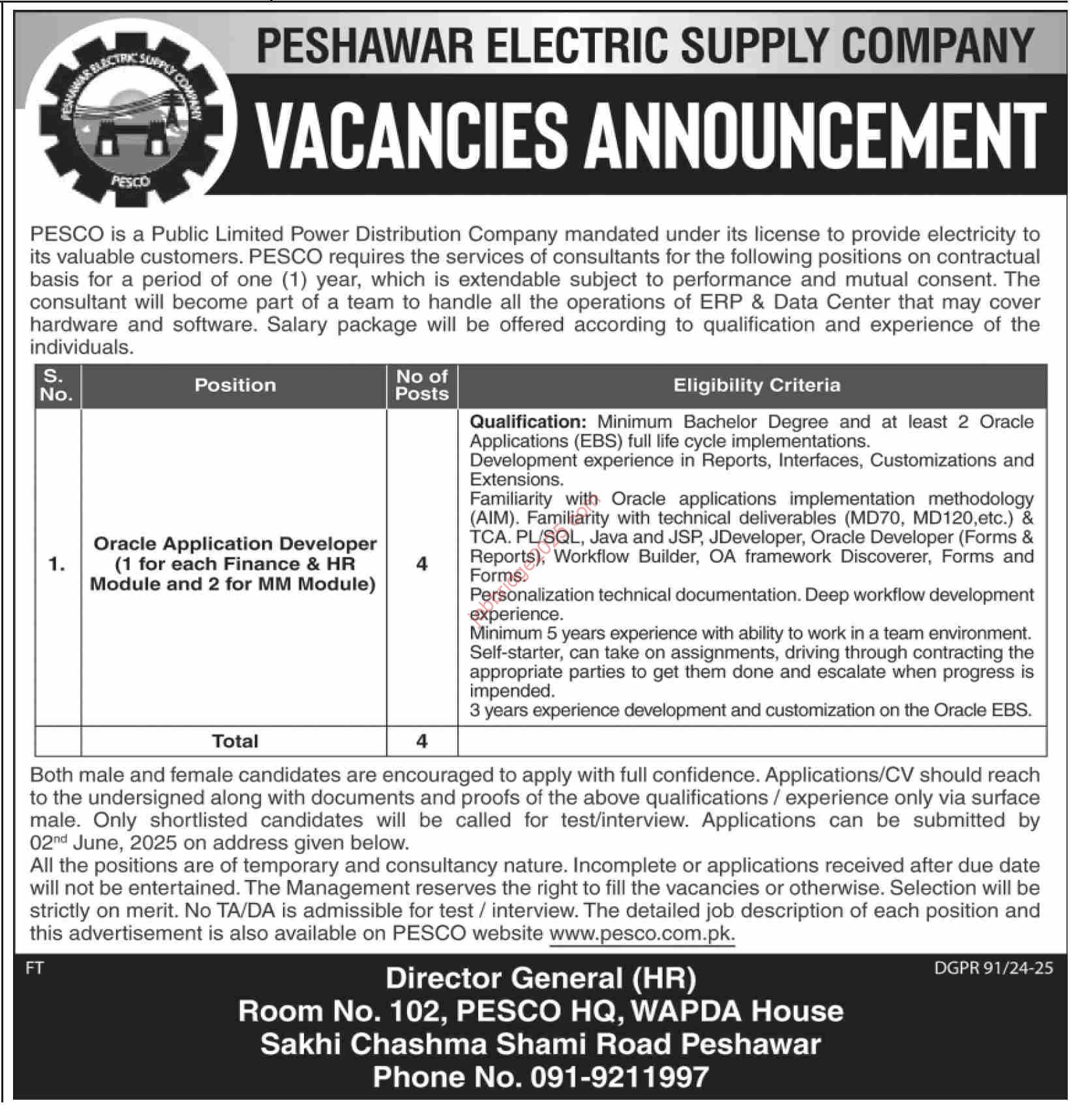 Peshawar Electric Supply Company PESCO Jobs 2025 Latest