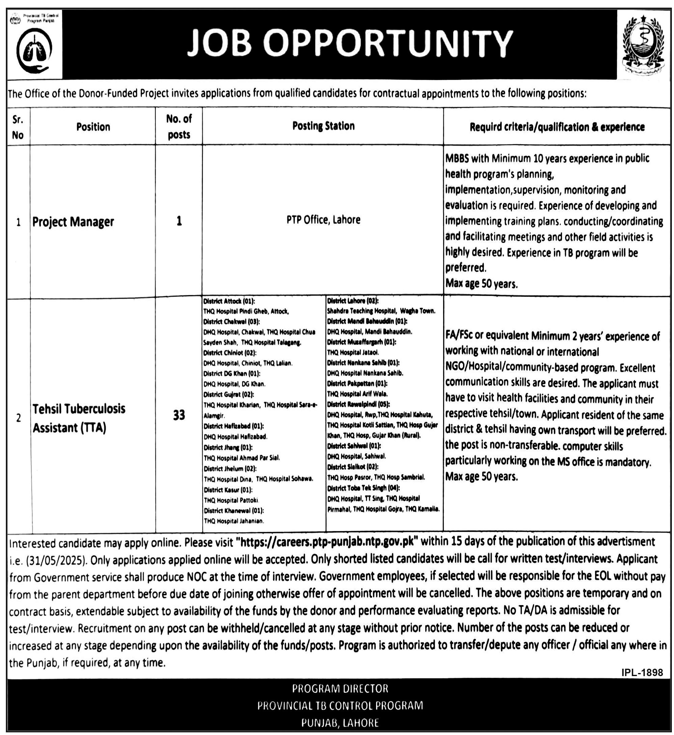 Provincial TB Control Program Punjab Jobs 2025 Across Punjab